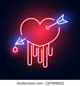 Neon sign, heart with arrow on dark background . Design element for Happy Valentine's Day. Vector illustration.