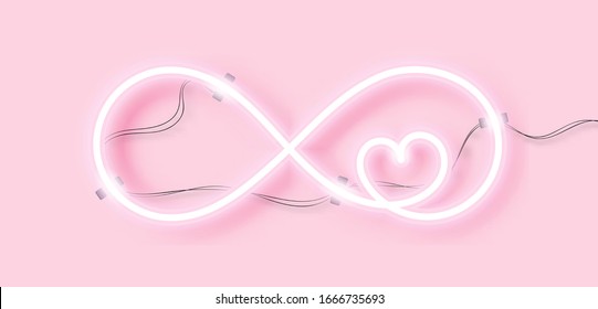 Señal de Neon. Corazón en el signo del infinito sobre fondo rosado. Ilustración vectorial.