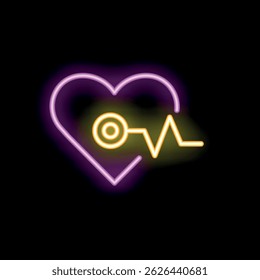 Neon sign of a heartbeat line going through a keyhole in a heart shape is glowing on a black background