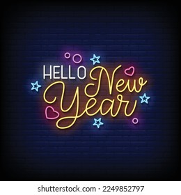 neon sign hello new year with brick wall background vector illustration