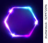 Neon sign. Hexagon glowing light banner with blank space. Electric hexagonal bright frame on dark blue backdrop. Neon abstract background with flares and sparkles. Vintage vector illustration.