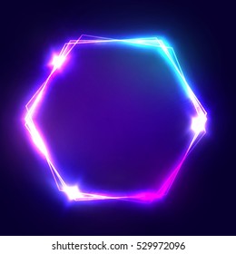 Neon sign. Hexagon glowing light banner with blank space. Electric hexagonal bright frame on dark blue backdrop. Neon abstract background with flares and sparkles. Vintage vector illustration.