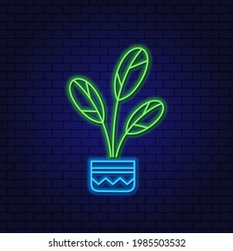 Neon sign Home Plant with large leaves in a Pot. Emblem for the Flower Shop. Glowing Neon Linear Design Element against a dark background.