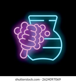 Neon sign of a honey dipper dripping honey into a jar, on a black background