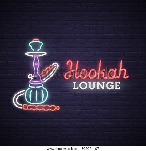 Neon Sign of Hookah. bright signboard, light\
banner. Hookah lounge logo, emblem.\
