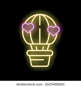 Neon sign of a hot air balloon with two hearts, perfect for themes of love, romance, and travel