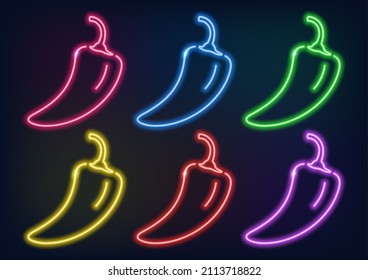 Neon sign. Hot chili pepper in neon style. Laser glowing lines on a dark background.