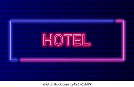 Neon sign hotel in speech bubble frame on brick wall background vector. Light banner on the wall background. Hotel button booking apartments, design template, night neon signboard