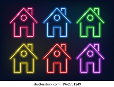 Neon sign. House icon in neon style. Glowing lines on a dark background.