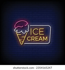 Neon Sign ice cream with brick wall background vector