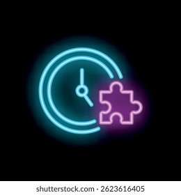 Icono de signo de neón de un reloj que se integra con una pieza de rompecabezas, en azul y rosa, sobre un fondo negro