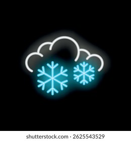 Icono de signo de neón de una nube que produce dos copos de nieve sobre un fondo negro