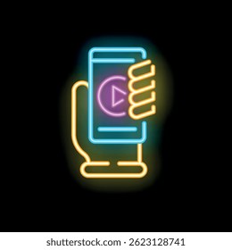 Neon sign icon of a hand holding a smartphone playing a video, on a black background