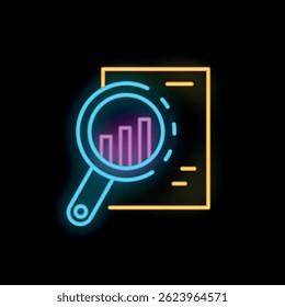 Neon sign icon of a magnifying glass showing a growing chart on a document