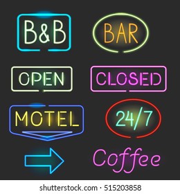 Neon Sign Icon Set With Flash Light For Motel, Bar. Open, Closed Vector Illustration