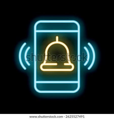 Neon sign icon of a smartphone with ringing bell and sound waves, indicating an incoming call or notification