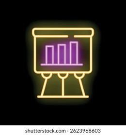 Neon sign illuminating a flip chart displaying growing statistics, perfect for conveying business growth and success