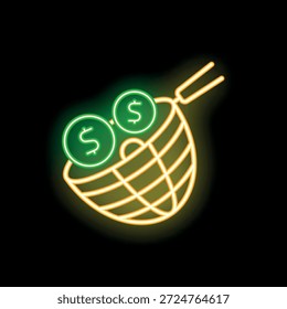 Sinal de néon iluminando garfo levantando moedas de dólar da rede retratando a gestão da riqueza no fundo preto
