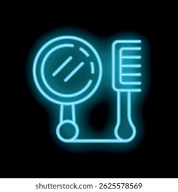 Sinal de néon iluminando um espelho de mão e um pente, perfeito para temas relacionados à beleza