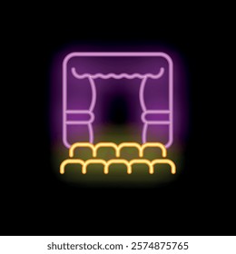 Neon sign illuminating a theater with curtains and seats for a show or performance