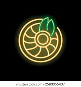 Neon sign illuminating a turbine with green leaves, representing the concept of eco friendly energy generation