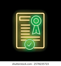 Neon sign illustrating an approved diploma with a ribbon and a check mark