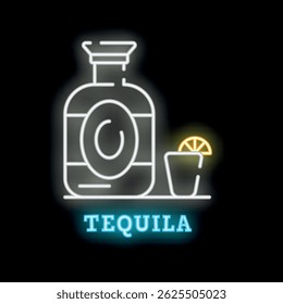 Sinal de néon ilustrando uma garrafa e copo de tequila com fatia de limão, perfeito para anúncio de bar e restaurante
