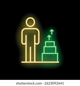 Neon sign illustrating a businessman standing next to a growing chart with up arrows