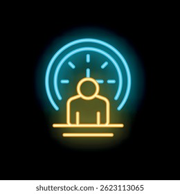 Neon sign illustrating a businessman working under pressure with a clock above his head