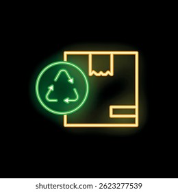 Neon sign illustrating a cardboard box with a recycle symbol, representing sustainable packaging and eco friendly shipping practices