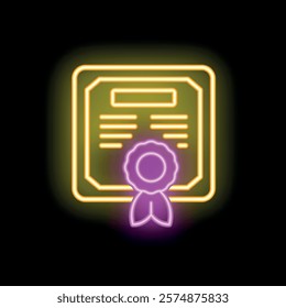 Neon sign illustrating a certificate with a ribbon, symbolizing achievement, education, and recognition