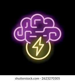Enseigne au néon illustrant le concept de brainstorming avec un cerveau et une ampoule, idéale pour des sujets comme la créativité et les nouvelles idées