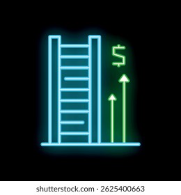 Neon sign illustrating the concept of career progression leading to financial wealth with a ladder and increasing arrows