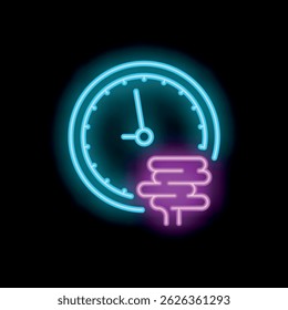 Neon sign illustrating the concept of fast food delivery, showing a clock and burger icon