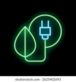Neon sign illustrating the concept of green energy with a leaf connected to an electric plug