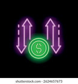 Sinal de néon ilustrando o conceito de volatilidade do mercado com uma moeda de dólar e setas para cima e para baixo luminosas