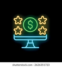 Neon sign illustrating the concept of online business success with a dollar sign surrounded by stars on a computer screen