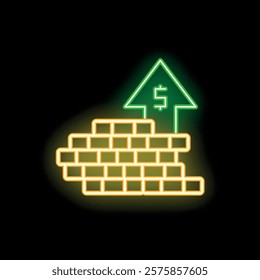 Neon sign illustrating the concept of overcoming financial obstacles with a green arrow breaking through a brick wall