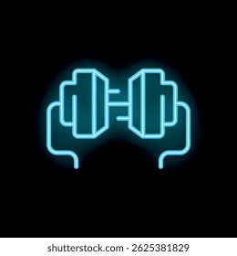Neon sign illustrating the concept of strength training, with hands gripping a dumbbell, glowing against a dark background