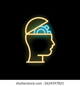 Neon sign illustrating the concept of thinking with a human head and an open brain revealing gears