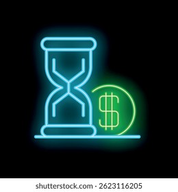 Neon sign illustrating the concept of time being money, with a blue hourglass and a green dollar coin