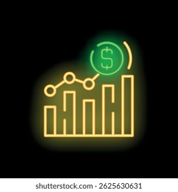 Neon sign illustrating a constantly growing chart with a dollar sign inside a circle at the top