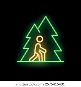 Neon sign illustrating an elderly man going for a walk in the woods with his walking stick