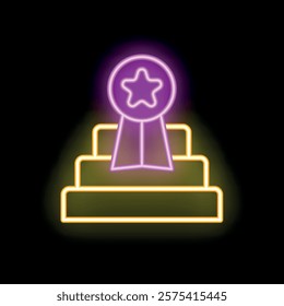 Neon sign illustrating a glowing ribbon badge at the top of stairs, symbolizing achievement and progress