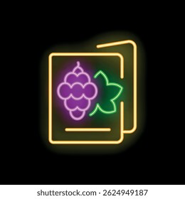Neon sign illustrating grape juice pack glowing on dark background
