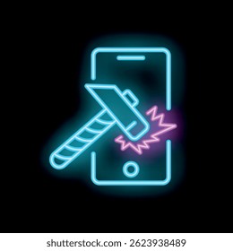 Neon sign illustrating a hammer breaking a smartphone screen