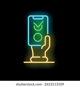 Neon sign illustrating a hand holding a smartphone with checked checkboxes on screen