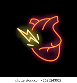 Neon sign illustrating a heart with an electric shock, symbolizing a heart attack or medical emergency