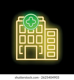 Neon sign illustrating a hospital building with a green medical cross, perfect for showcasing healthcare facilities