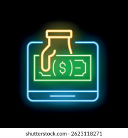 Neon sign illustrating online payment concept with hand taking banknote from smartphone